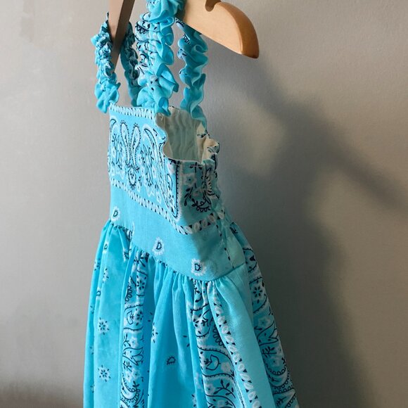 Handmade Children's 100% Cotton Blue Paisley Elastic Straps Dress - Picture 9 of 12